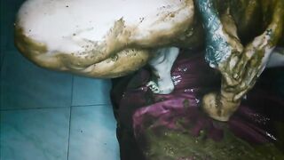 Girl takes a huge shit and smears it all over her body