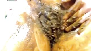 Girl eats shit from her ass with a green dildo