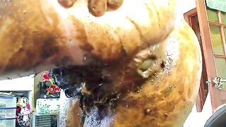 Girl eats shit from her ass with a green dildo