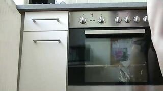 Housewife with pink hair shits in kitchen