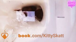 Girl with a purple headband squats and takes a huge shit in a toilet