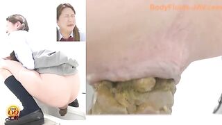 Girl in uniform squats and drops a huge load in the toilet