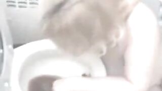 Mature blonde lady is toilet cleaner