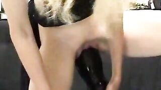 Shaved pussy bitch rides scat dildo