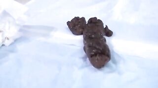 Longhaired Asian babe pooping on cam