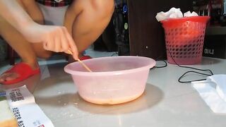 Slut eats shit out of a pink bowl and smiles