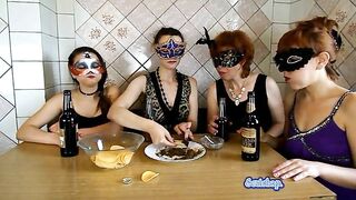 Girls in masks share a plate of shit and chips