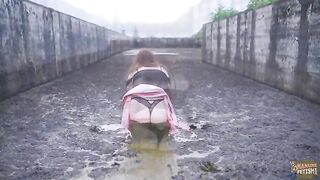 Chubby busty babe smearing shit