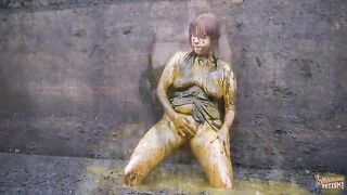 Chubby busty babe smearing shit