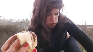 Brunette beauty shit eating outdoor