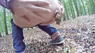 Cute girl poops in the forest