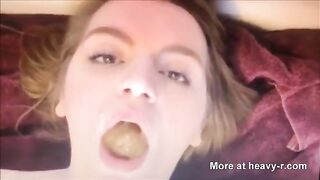 Woman eats a pile of shit in the bed