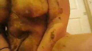 Girl spreads her ass and takes a huge shit on paper
