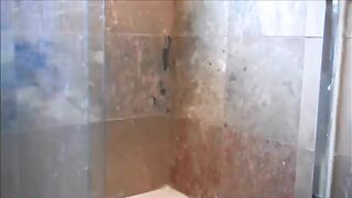 Woman in a blue tube top takes off her underwear and takes a huge shit