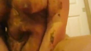 Girl drops a huge shit on a bed