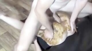 Girl squats with huge shit on her ass