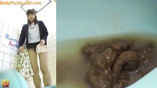 Girl in yellow bikini squats and shits on a toilet