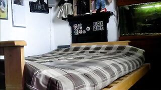 Girl spreads ass cheeks on the bed and shits