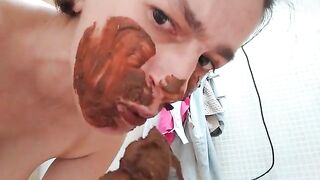 Woman eats a big pile of shit in the bathroom