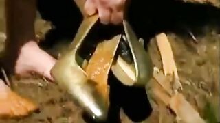 Woman takes a big shit in her high heels on the grass