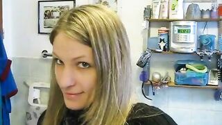 Girl in uniform takes a huge shit on the toilet
