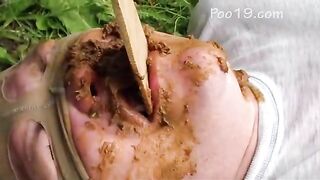 Woman takes a big shit in her pants and rubs it on her face