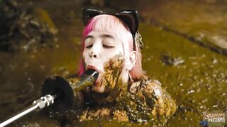 Woman enjoys a shit bath up to her neck