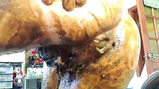 Woman eats her own shit off her thighs