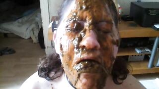 Slut covered in shit eats her shit off the floor