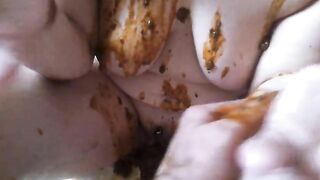 Slut covered in shit eats her shit off the floor