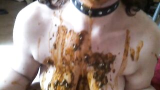 Slut covered in shit eats her shit off the floor