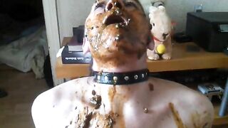 Woman with shit on her face takes a huge mouthful of shit