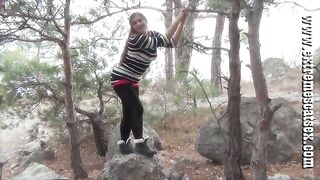 Girl takes a big shit in the woods
