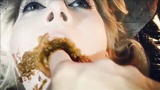Woman eats a huge shit covered in her own piss