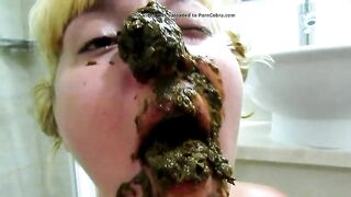 Blonde girl eats a huge pile of shit in the bathroom