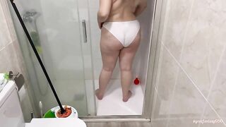 Woman in white thong takes a shit on the shower floor