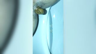 Girl shits in a blue toilet bowl