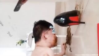 Man eats shit off the toilet wall