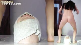 Woman sits on a huge pile of fresh warm shit while wearing a diaper