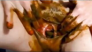 Woman finger fucks her ass full of shit