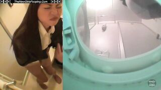 Girl in black dress takes a shit in a public restroom
