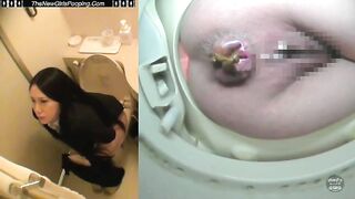 Girl squats to take a huge shit in bathroom