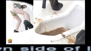 Woman in striped shirt takes a massive shit on the toilet
