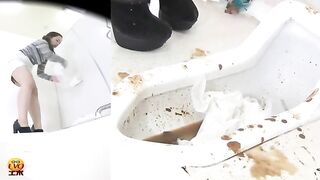 Woman in striped shirt takes a massive shit on the toilet