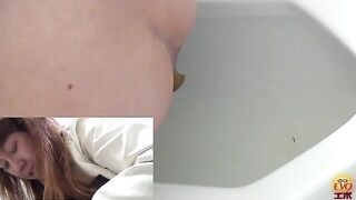 Woman sits on toilet and takes a shit