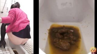 Girl in pink shirt sits on the toilet and takes a huge shit