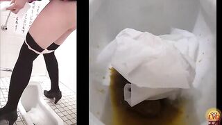 Girl in pink shirt sits on the toilet and takes a huge shit