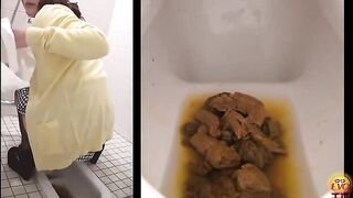 Girl in a yellow shirt takes a huge shit in the toilet