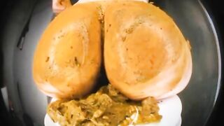 Woman uses her ass to play with shit on a plate