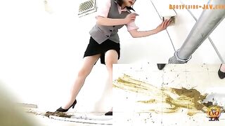 Woman in uniform squats and takes a huge shit on the toilet